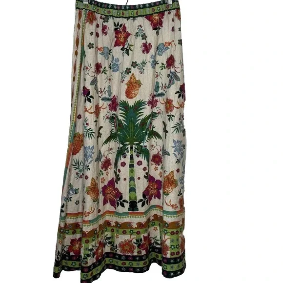 Rachel Zoe Linen Blend Maxi Skirt SM Tropical Parrot Print Resort Boho Hippie - Picture 2 of 13